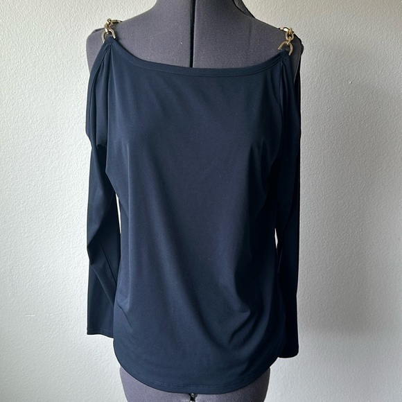 Michael Kors top Navy blue with gold chain shoulders cold shoulder size Large - Picture 1 of 9